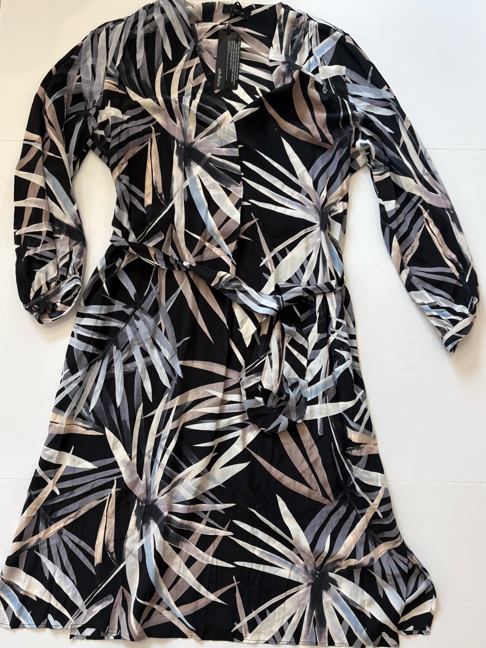 Autograph Black Palm-Print Long Sleeve Wrap Dress 100% Silk UK16 NWT